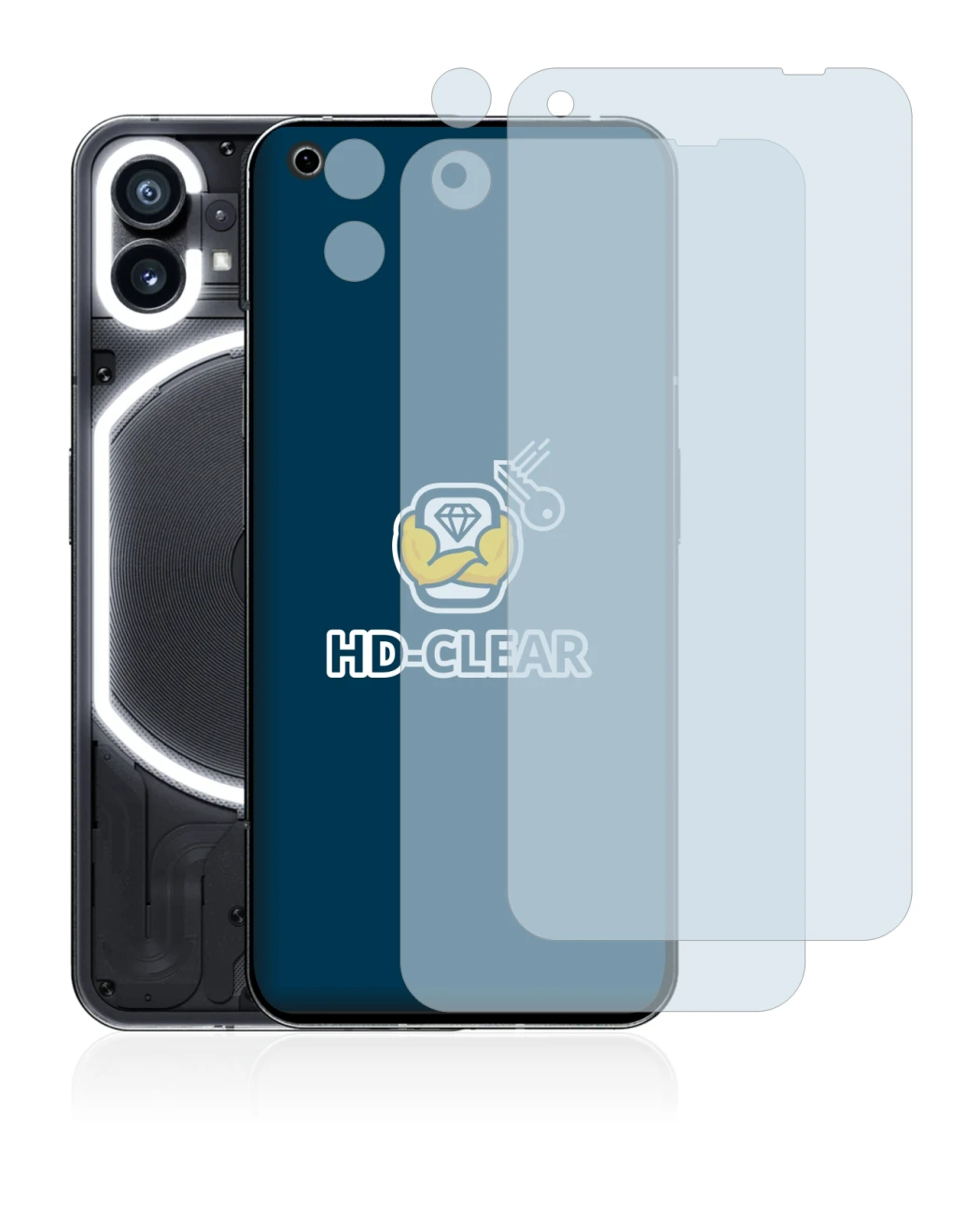 Imagen del dispositivo Nothing Phone (1) (Frontal+Cámara) con una amplia variedad de protectores de pantalla.