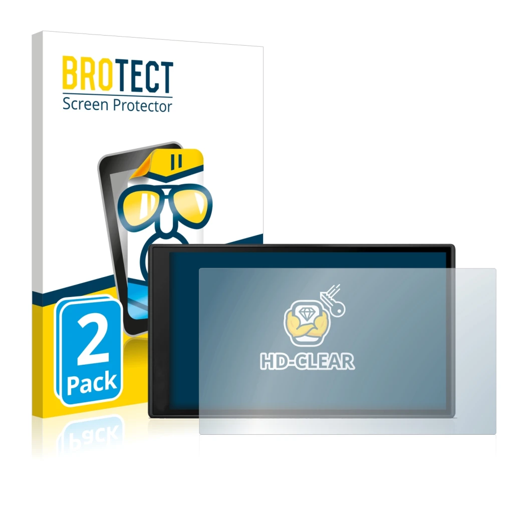 Parte frontal de un envase de producto con el logotipo de la marca BROTECT. Al lado se muestra el dispositivo Garmin DriveSmar