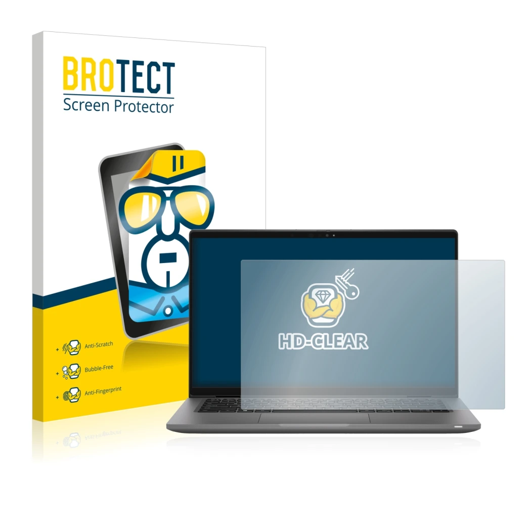 Parte frontal de un envase de producto con el logotipo de la marca BROTECT. Al lado se muestra el dispositivo Dell Latitude 14