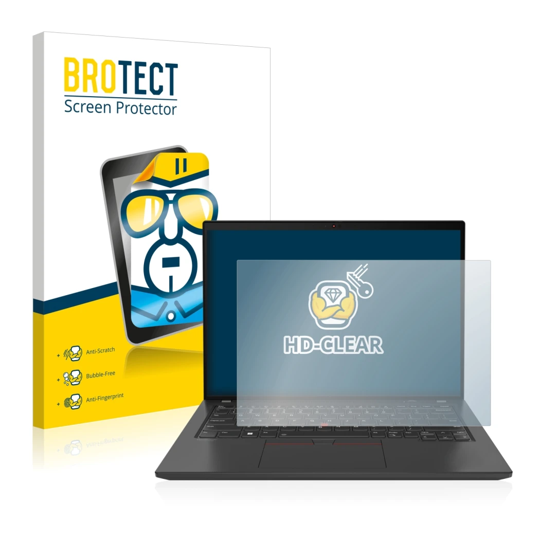 Parte frontal de un envase de producto con el logotipo de la marca BROTECT. Al lado se muestra el dispositivo Lenovo ThinkPad