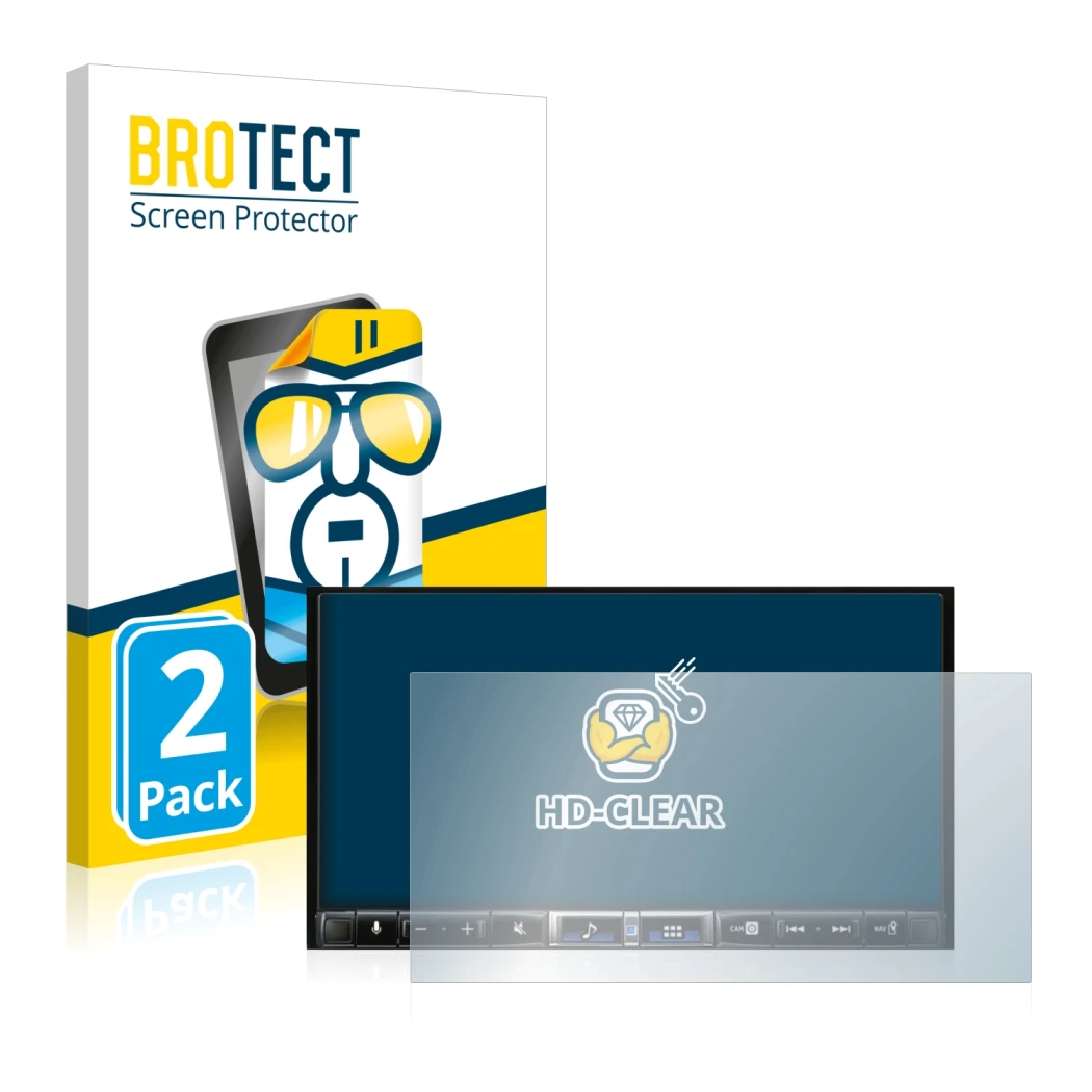 Parte frontal de un envase de producto con el logotipo de la marca BROTECT. Al lado se muestra el dispositivo Alpine iLX-705D