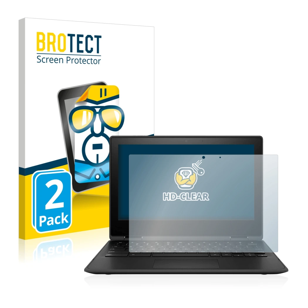 Parte frontal de un envase de producto con el logotipo de la marca BROTECT. Al lado se muestra el dispositivo HP Chromebook x3