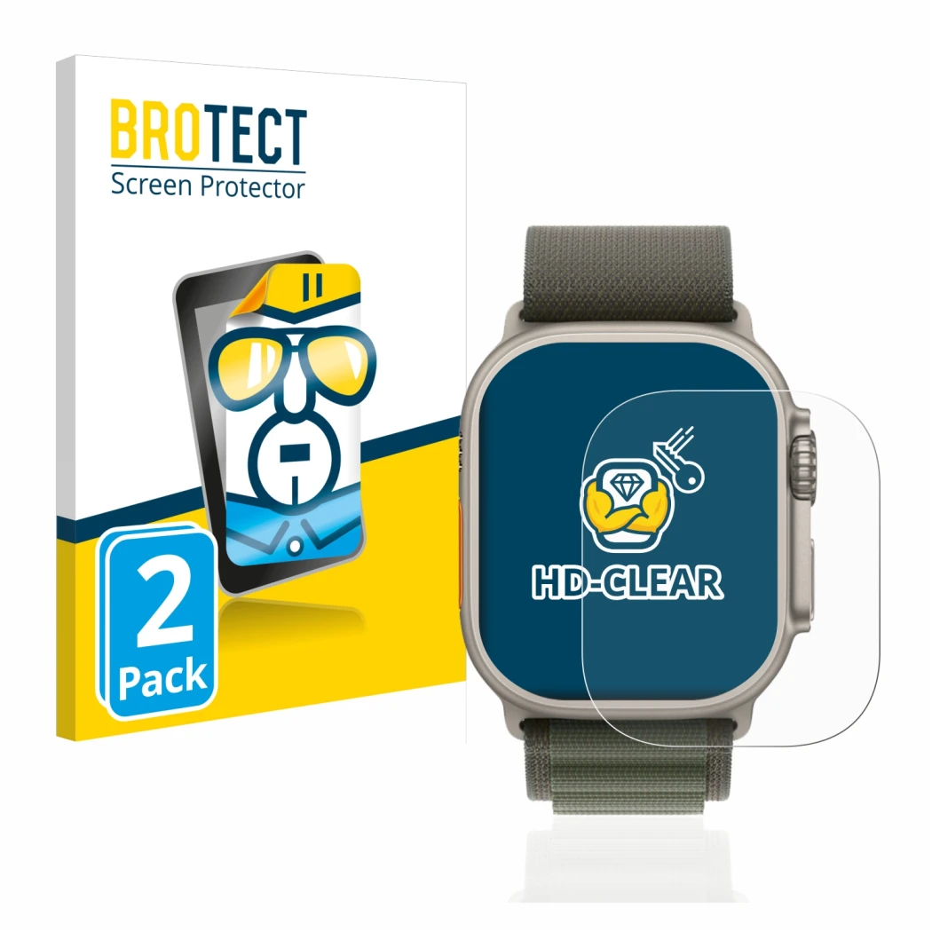 Parte frontal de un envase de producto con el logotipo de la marca BROTECT. Al lado se muestra el dispositivo Apple Watch Ultr