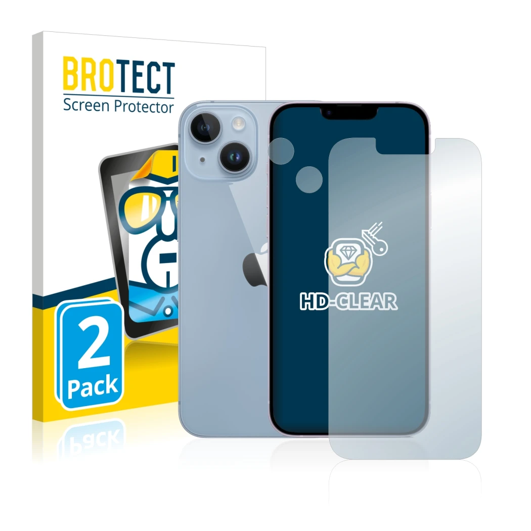 Parte frontal de un envase de producto con el logotipo de la marca BROTECT. Al lado se muestra el dispositivo Apple iPhone 14