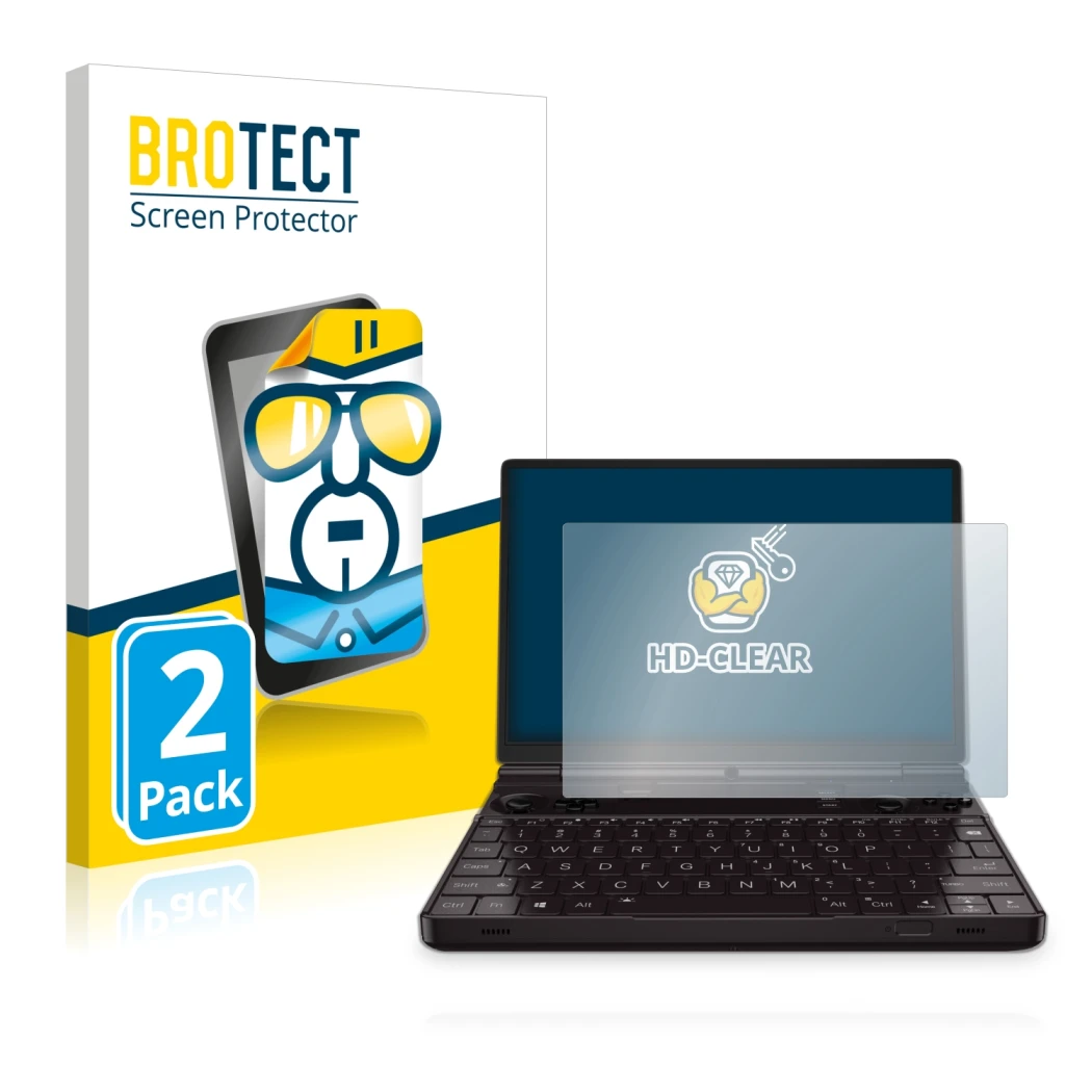 Parte frontal de un envase de producto con el logotipo de la marca BROTECT. Al lado se muestra el dispositivo GPD Win Max 2 co