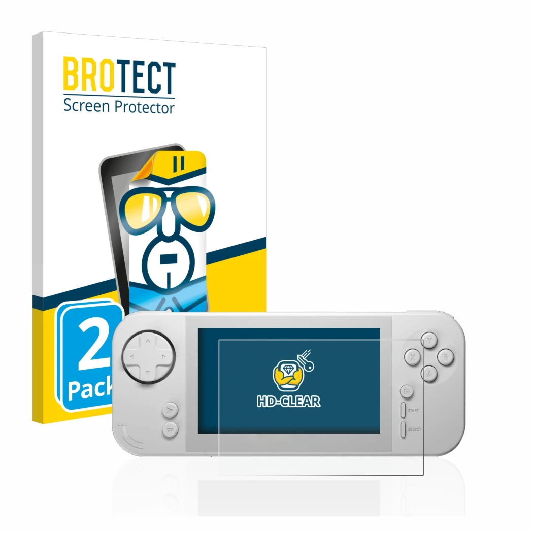 Parte frontal de un envase de producto con el logotipo de la marca BROTECT. Al lado se muestra el dispositivo Evercade EXP con