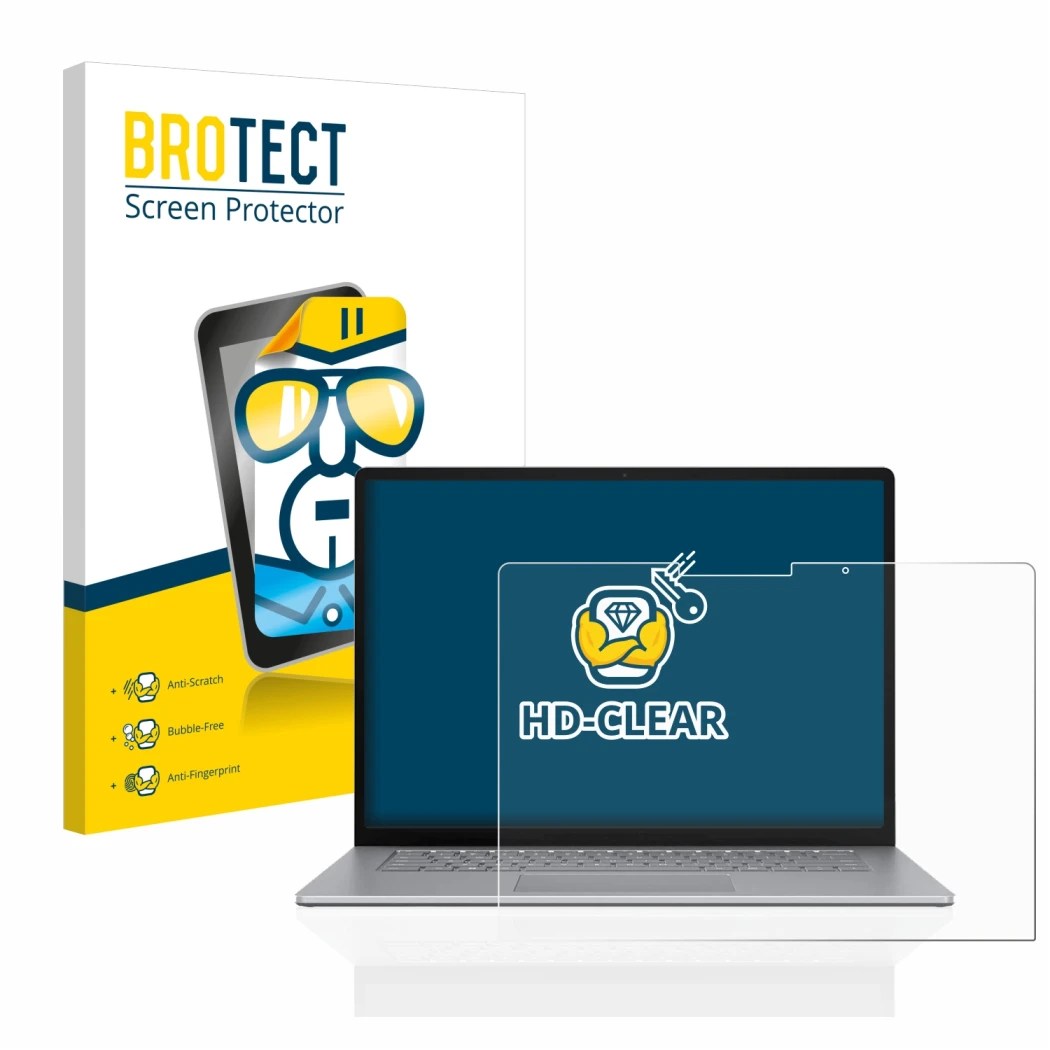 Parte frontal de un envase de producto con el logotipo de la marca BROTECT. Al lado se muestra el dispositivo Microsoft Surfac