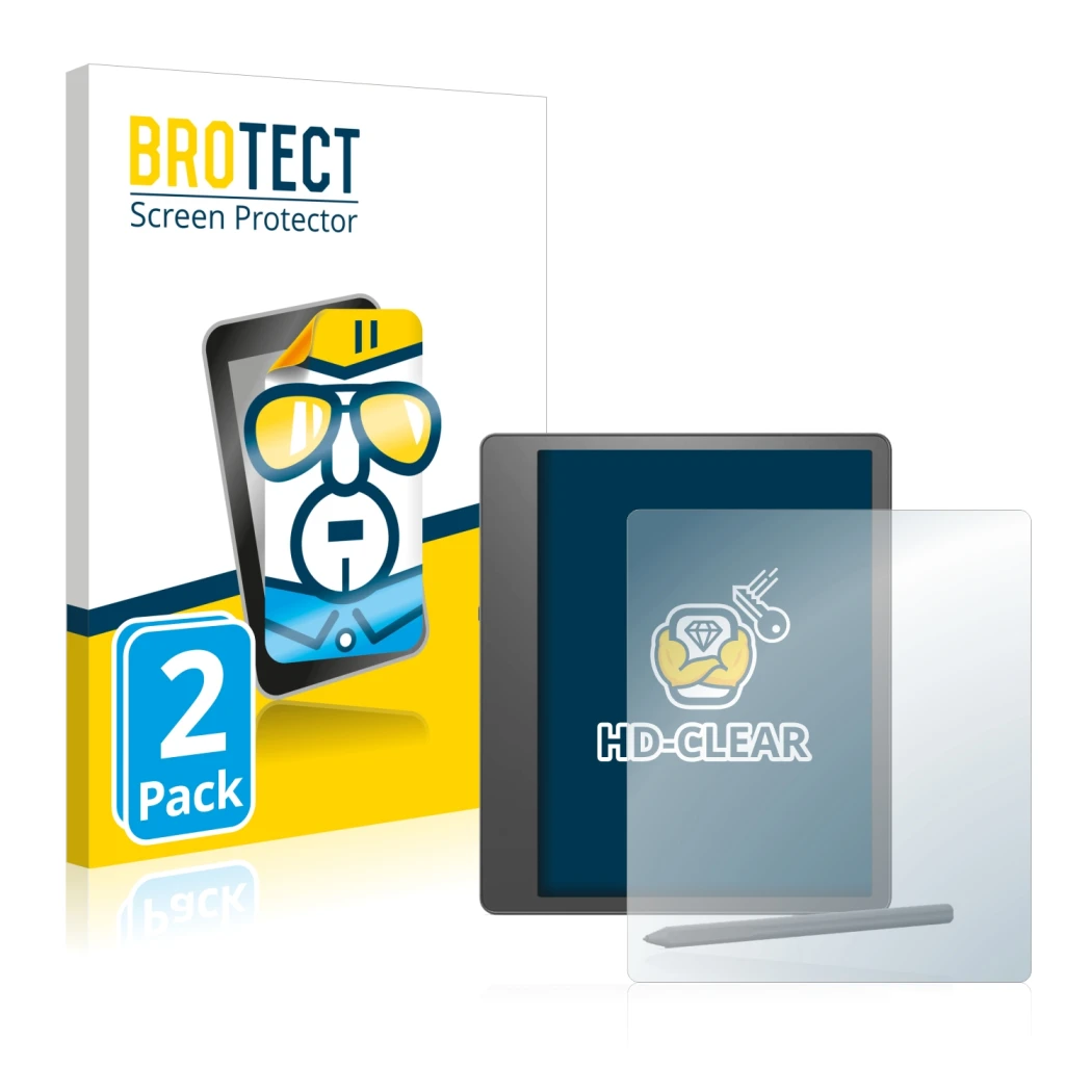 Parte frontal de un envase de producto con el logotipo de la marca BROTECT. Al lado se muestra el dispositivo Amazon Kindle Sc