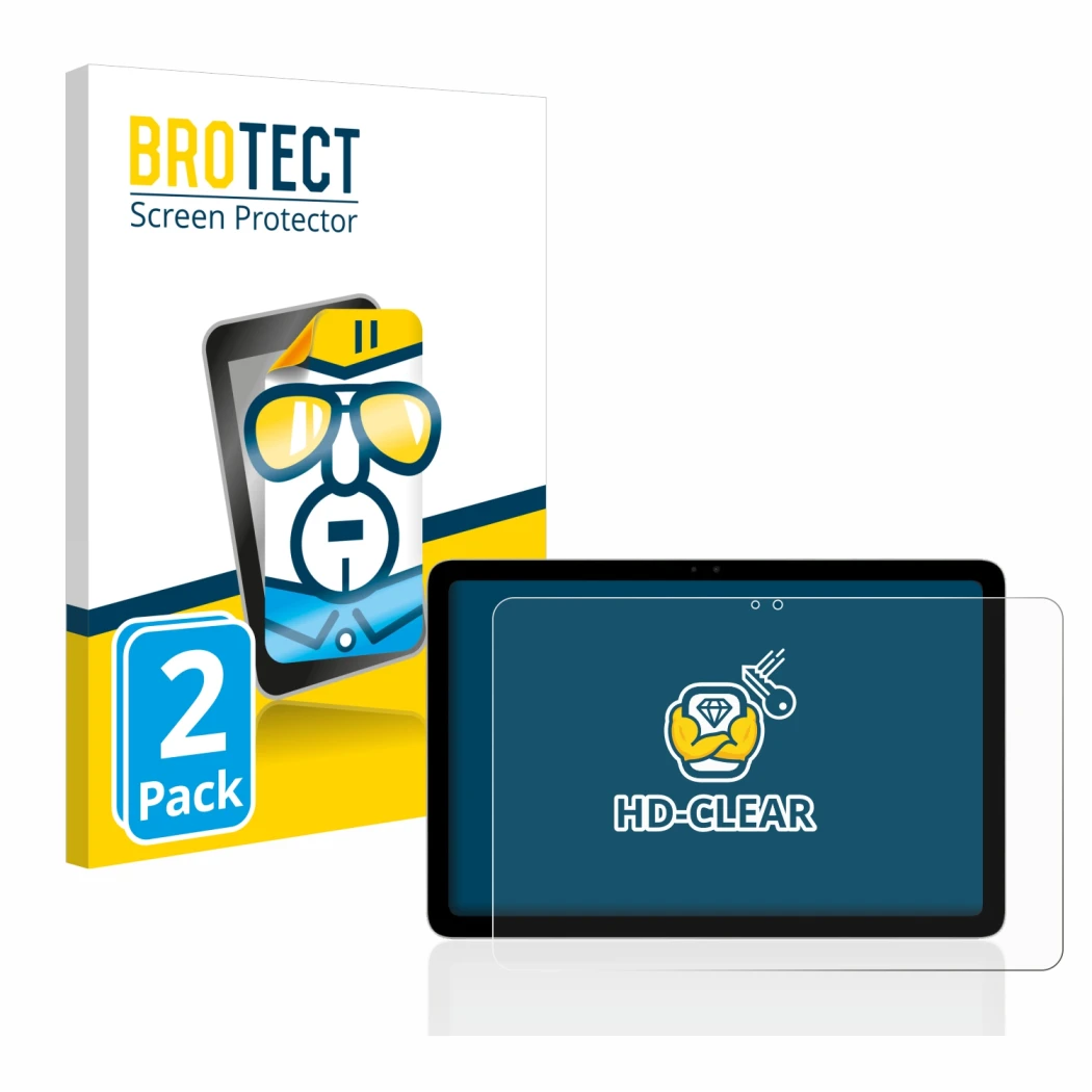 Parte frontal de un envase de producto con el logotipo de la marca BROTECT. Al lado se muestra el dispositivo Google Pixel Tab
