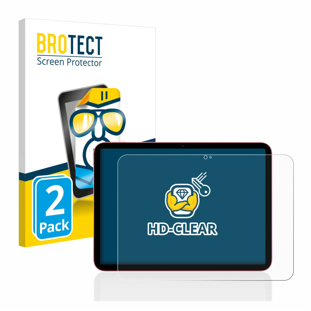 Parte frontal de un envase de producto con el logotipo de la marca BROTECT. Al lado se muestra el dispositivo Apple iPad 10.9