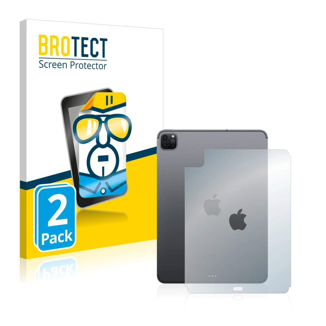 Parte frontal de un envase de producto con el logotipo de la marca BROTECT. Al lado se muestra el dispositivo Apple iPad Pro 1