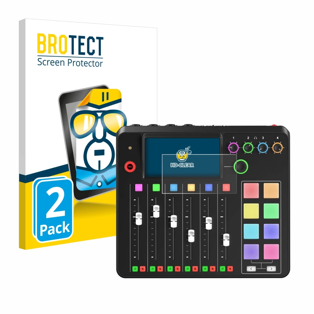 Parte frontal de un envase de producto con el logotipo de la marca BROTECT. Al lado se muestra el dispositivo Rode Rodecaster