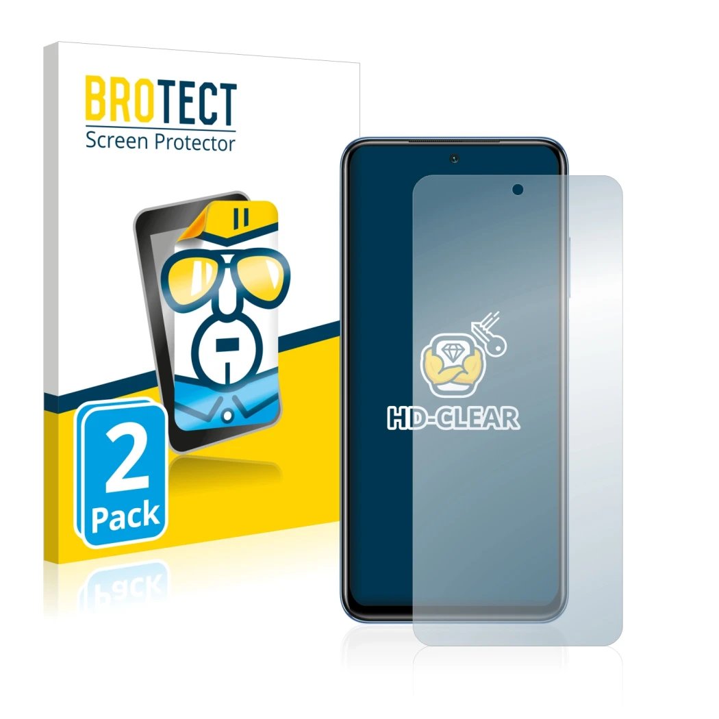 Parte frontal de un envase de producto con el logotipo de la marca BROTECT. Al lado se muestra el dispositivo Xiaomi Poco M5s