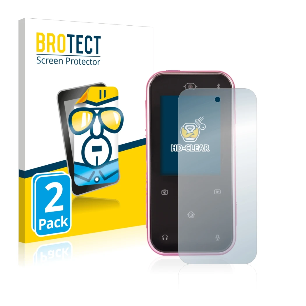 Parte frontal de un envase de producto con el logotipo de la marca BROTECT. Al lado se muestra el dispositivo Vtech Kidizoom S