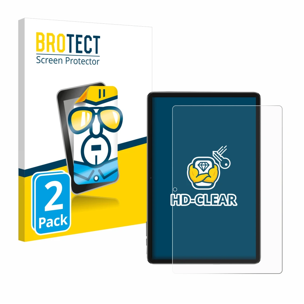 Parte frontal de un envase de producto con el logotipo de la marca BROTECT. Al lado se muestra el dispositivo Blackview Tab 7