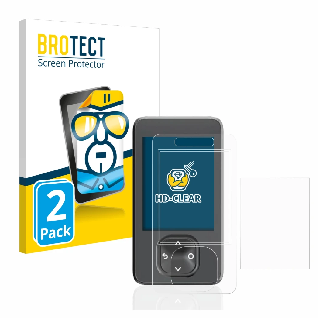 Parte frontal de un envase de producto con el logotipo de la marca BROTECT. Al lado se muestra el dispositivo Dexcom G7 CGM co