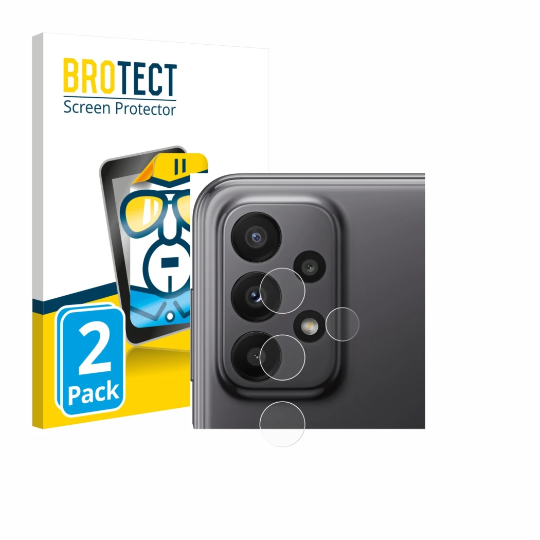 Parte frontal de un envase de producto con el logotipo de la marca BROTECT. Al lado se muestra el dispositivo Samsung Galaxy A