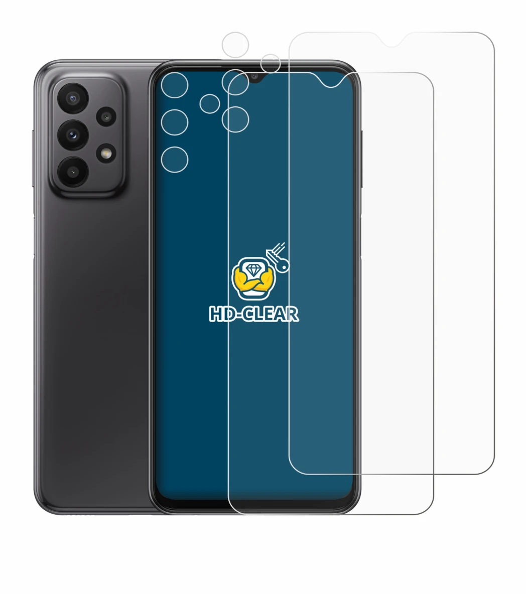 Imagen del dispositivo Samsung Galaxy A23 5G (Frontal+Cámara) con una amplia variedad de protectores de pantalla.