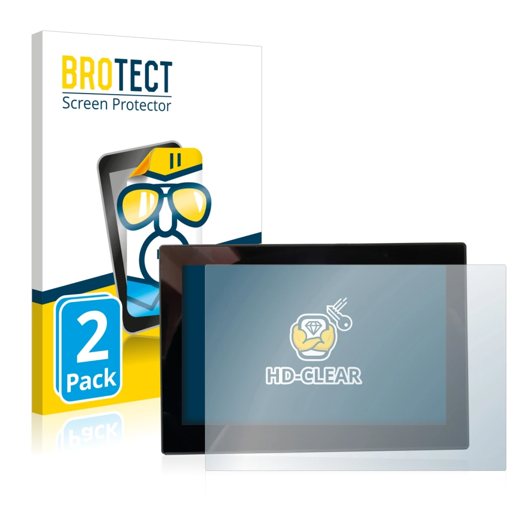 Parte frontal de un envase de producto con el logotipo de la marca BROTECT. Al lado se muestra el dispositivo MG 4 7-Zoll Digi