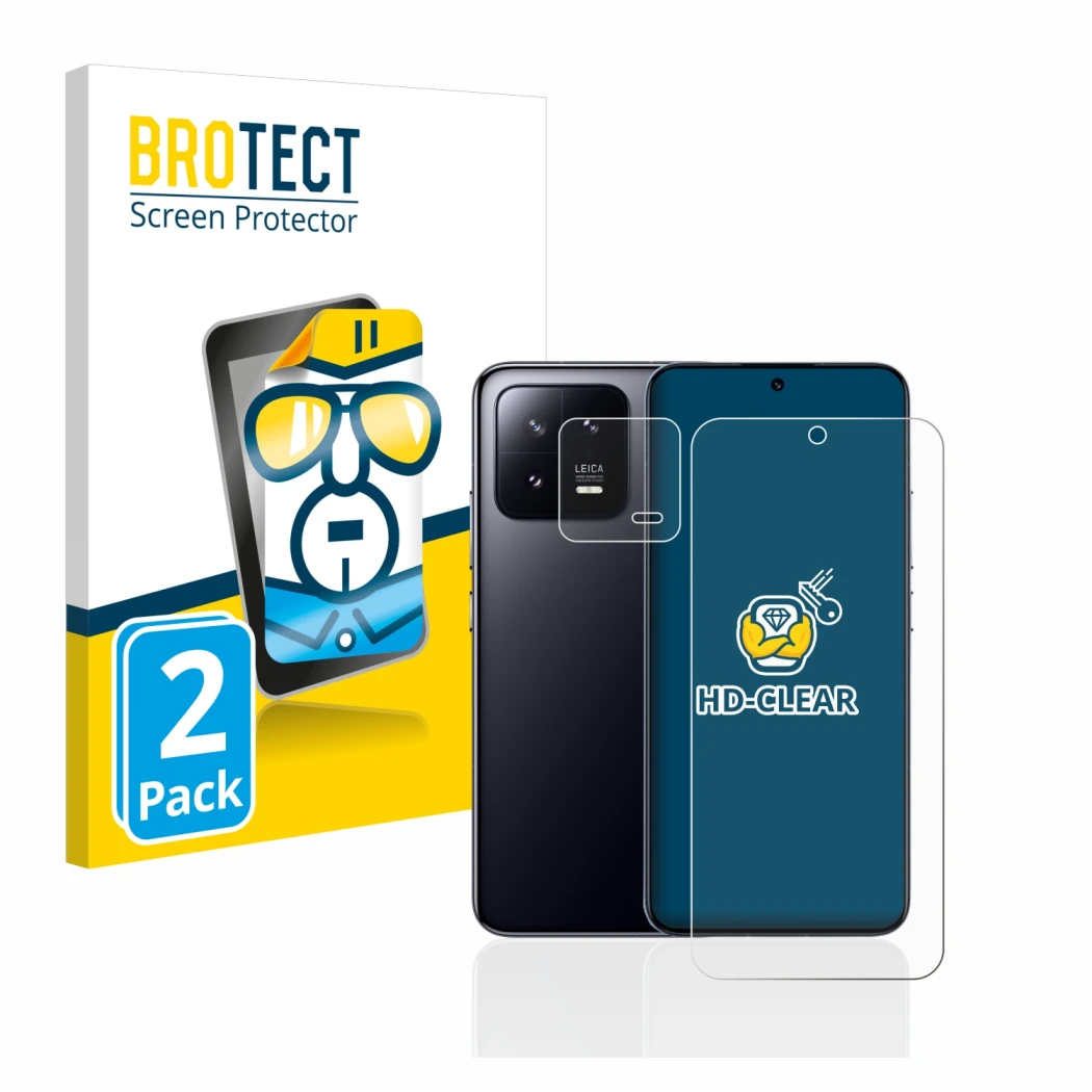 Parte frontal de un envase de producto con el logotipo de la marca BROTECT. Al lado se muestra el dispositivo Xiaomi 13 (Front
