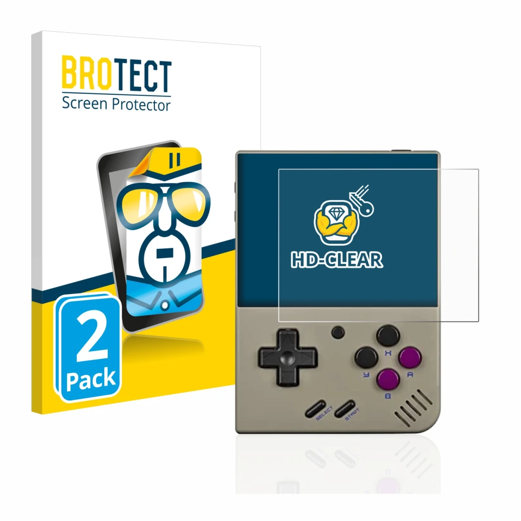 Parte frontal de un envase de producto con el logotipo de la marca BROTECT. Al lado se muestra el dispositivo Miyoo Mini Plus 