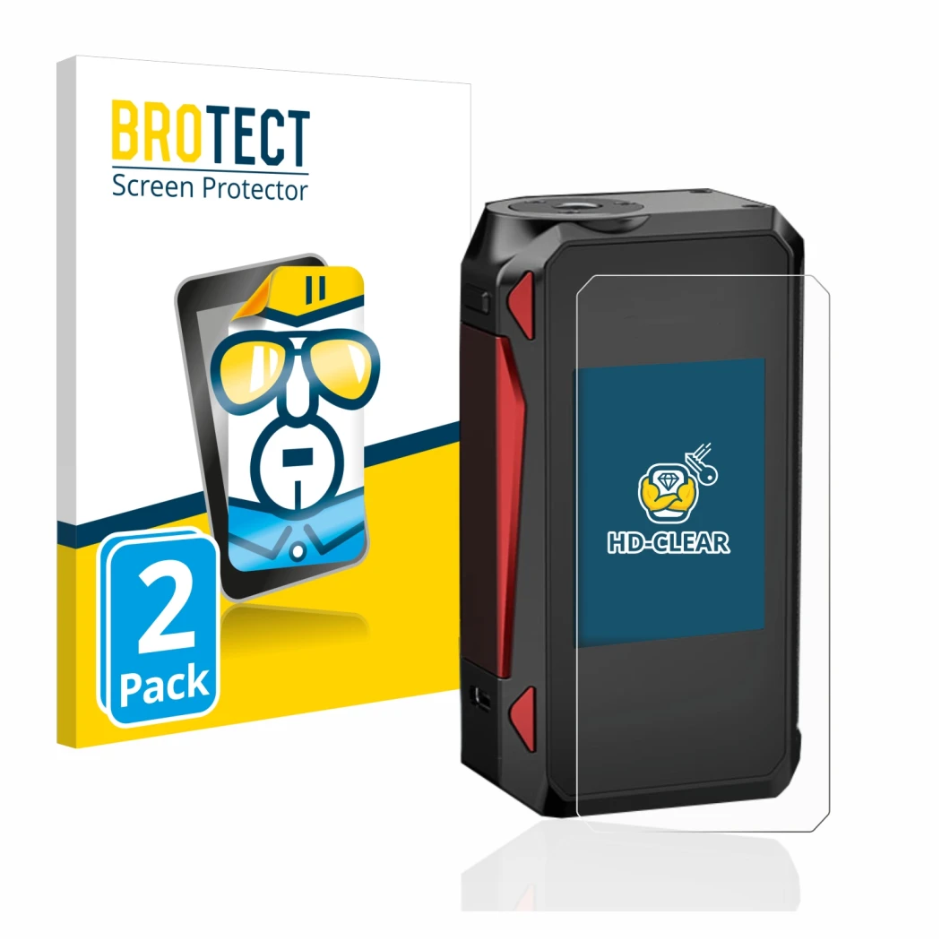 Parte frontal de un envase de producto con el logotipo de la marca BROTECT. Al lado se muestra el dispositivo Smok G-Priv 4 co