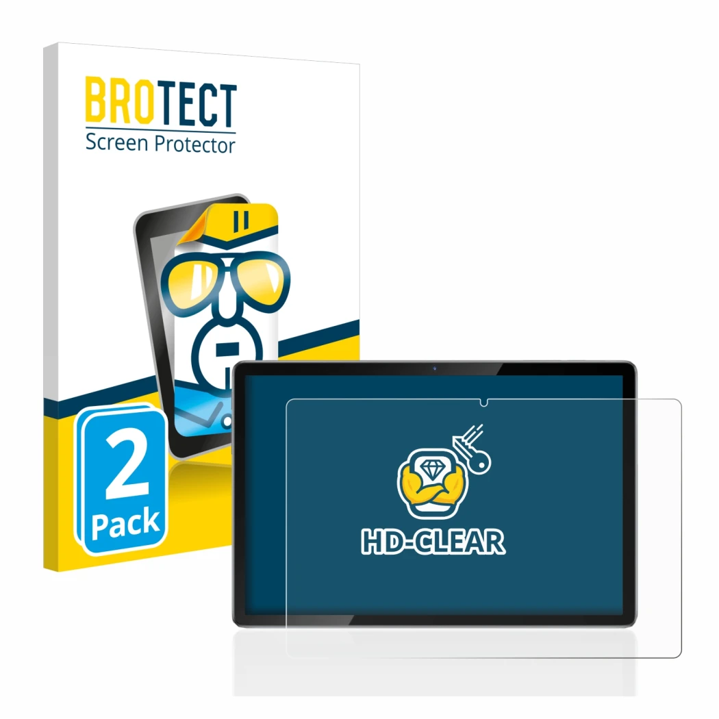 Parte frontal de un envase de producto con el logotipo de la marca BROTECT. Al lado se muestra el dispositivo Blackview Tab 12