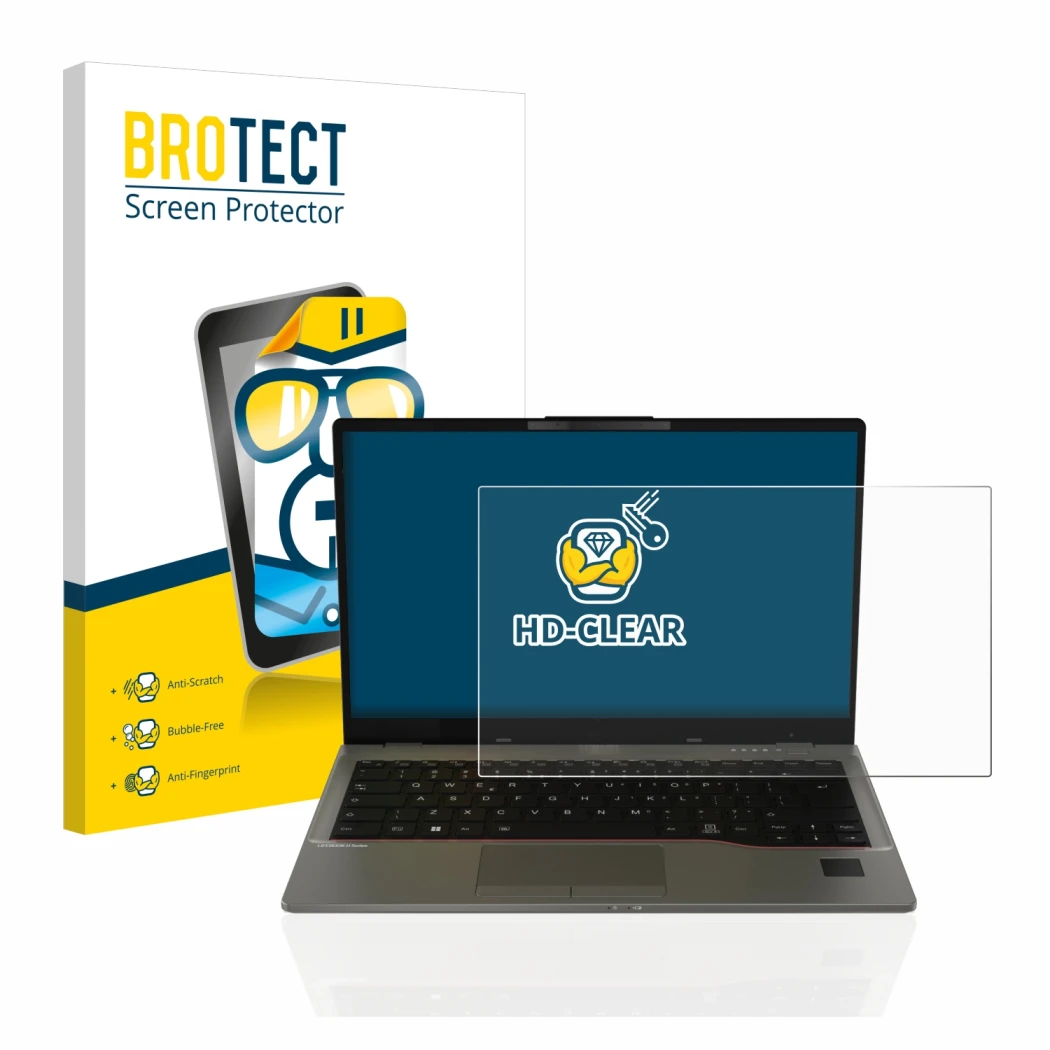 Parte frontal de un envase de producto con el logotipo de la marca BROTECT. Al lado se muestra el dispositivo Fujitsu Lifebook