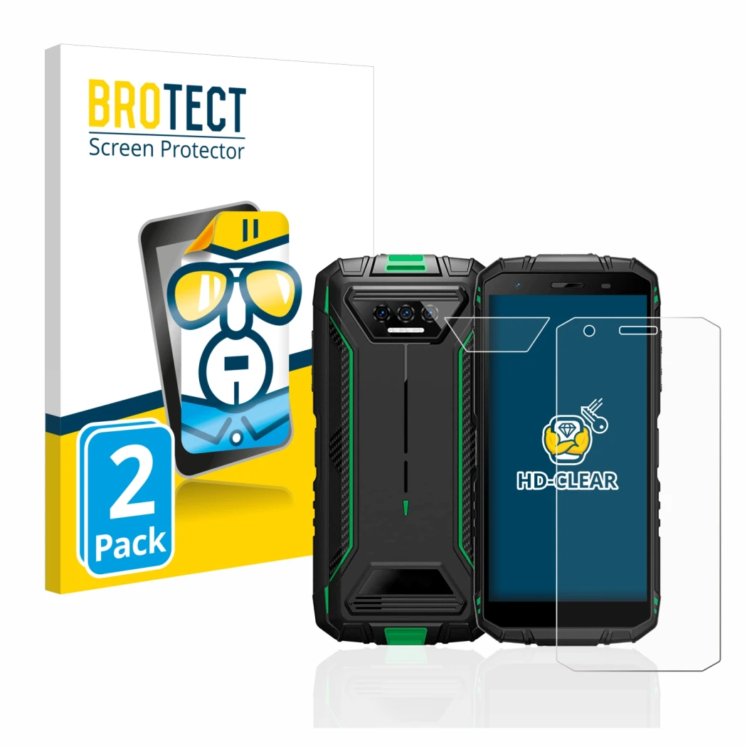 Parte frontal de un envase de producto con el logotipo de la marca BROTECT. Al lado se muestra el dispositivo Doogee S41 Pro (