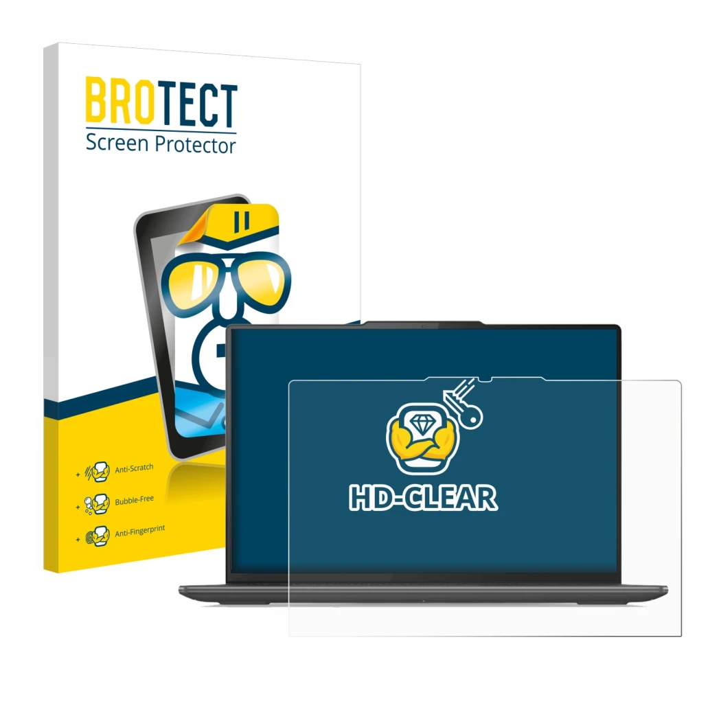 Parte frontal de un envase de producto con el logotipo de la marca BROTECT. Al lado se muestra el dispositivo Lenovo Yoga Pro