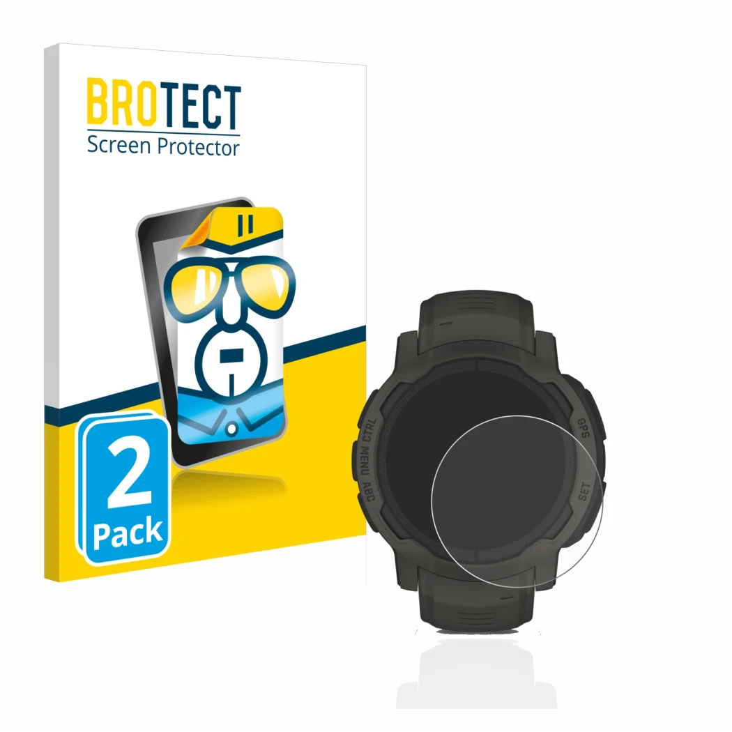 Parte frontal de un envase de producto con el logotipo de la marca BROTECT. Al lado se muestra el dispositivo Garmin Instinct 