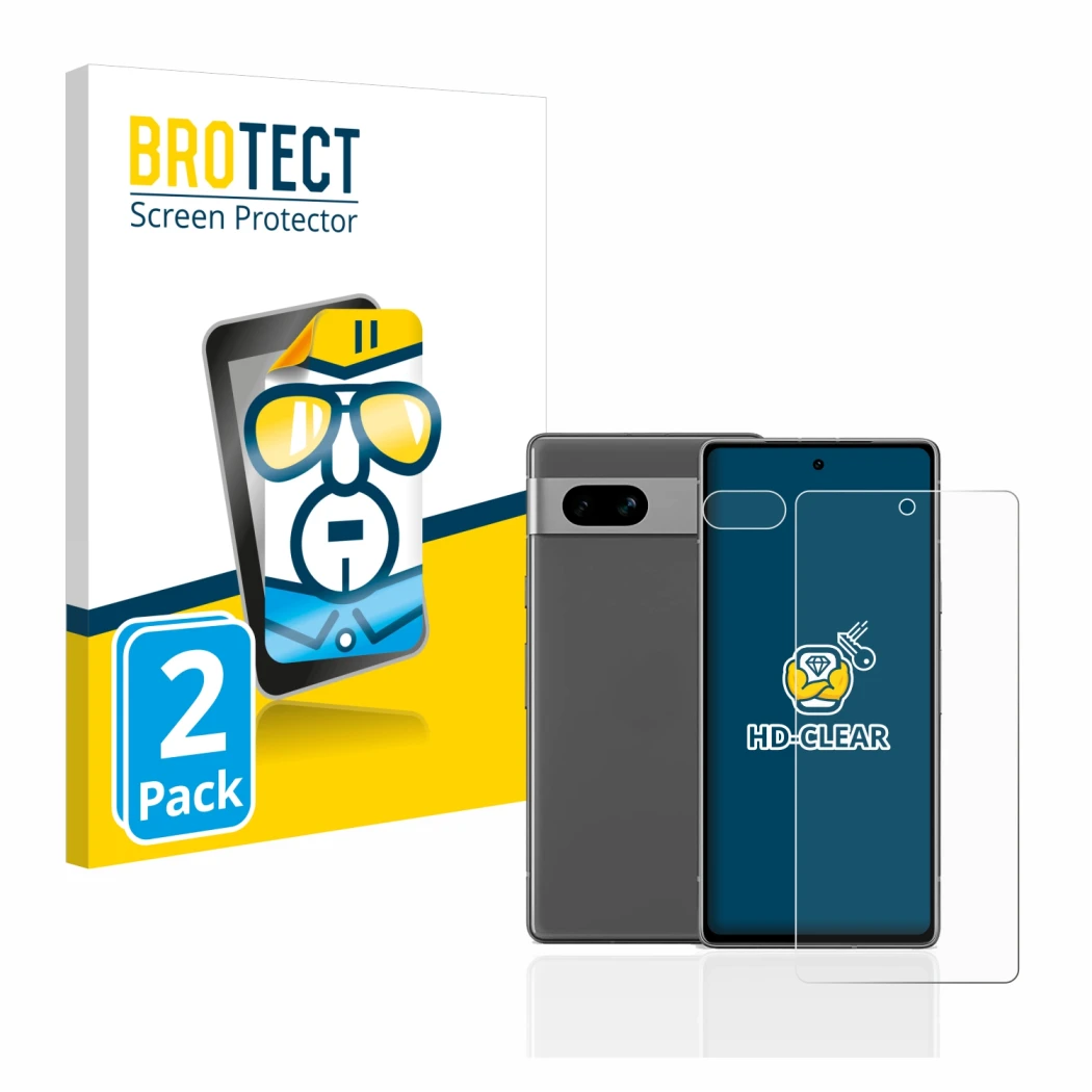 Parte frontal de un envase de producto con el logotipo de la marca BROTECT. Al lado se muestra el dispositivo Google Pixel 7a 