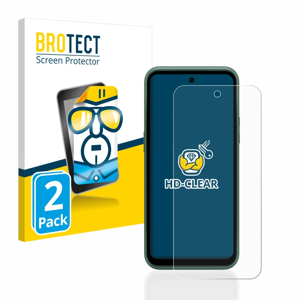 Parte frontal de un envase de producto con el logotipo de la marca BROTECT. Al lado se muestra el dispositivo Nokia XR21 con s