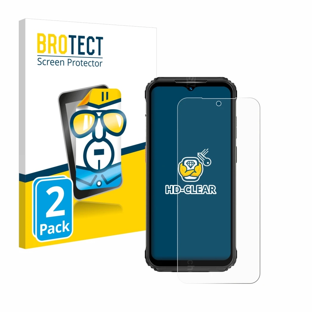 Parte frontal de un envase de producto con el logotipo de la marca BROTECT. Al lado se muestra el dispositivo Ulefone Armor 21
