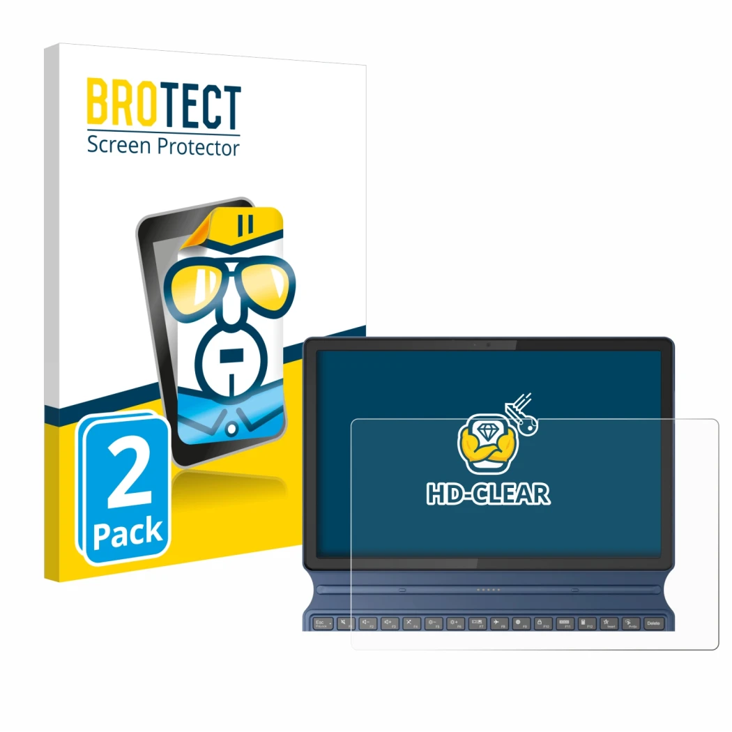 Parte frontal de un envase de producto con el logotipo de la marca BROTECT. Al lado se muestra el dispositivo Lenovo IdeaPad D