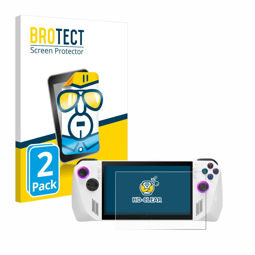 Parte frontal de un envase de producto con el logotipo de la marca BROTECT. Al lado se muestra el dispositivo ASUS ROG Ally (2