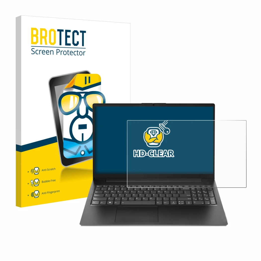 Parte frontal de un envase de producto con el logotipo de la marca BROTECT. Al lado se muestra el dispositivo Lenovo V15 Gen 4