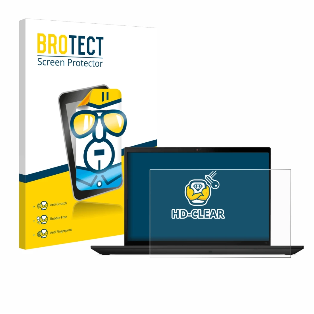 Parte frontal de un envase de producto con el logotipo de la marca BROTECT. Al lado se muestra el dispositivo Lenovo ThinkPad 