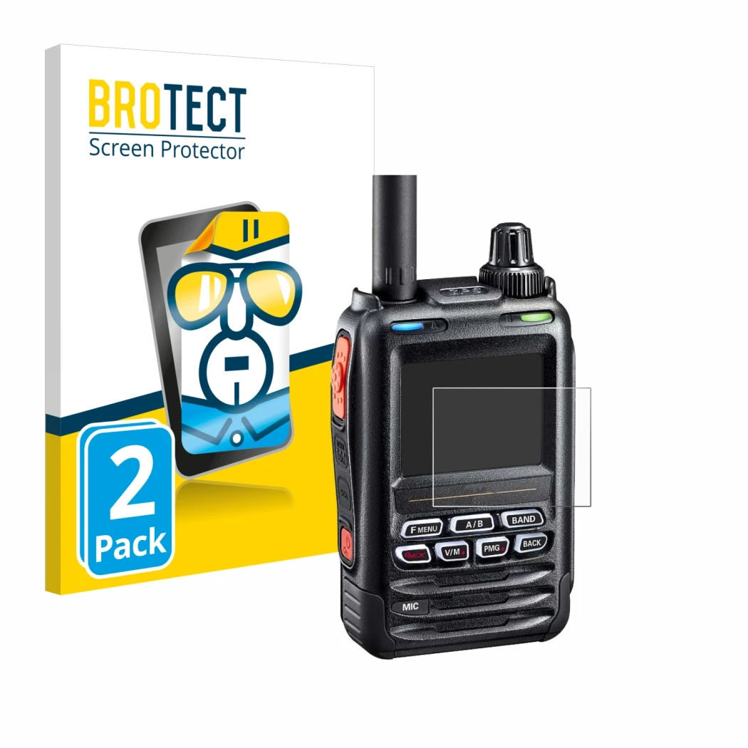 Parte frontal de un envase de producto con el logotipo de la marca BROTECT. Al lado se muestra el dispositivo Yaesu FT-5DE/DR