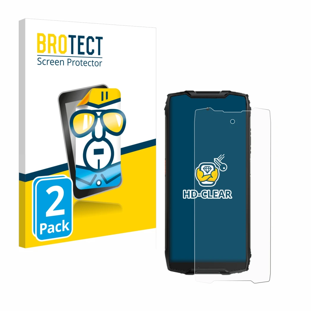Parte frontal de un envase de producto con el logotipo de la marca BROTECT. Al lado se muestra el dispositivo Blackview BV9300