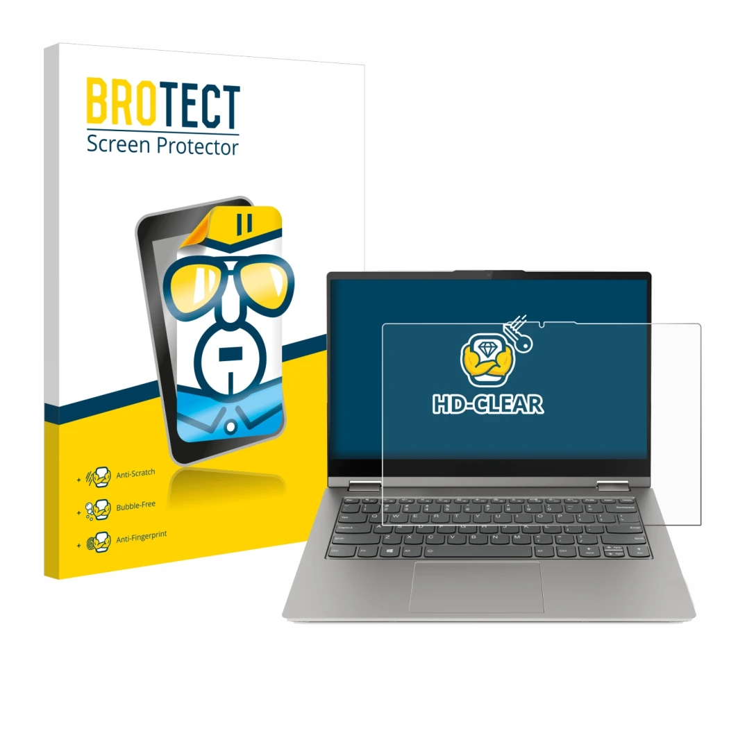 Parte frontal de un envase de producto con el logotipo de la marca BROTECT. Al lado se muestra el dispositivo Lenovo ThinkBook