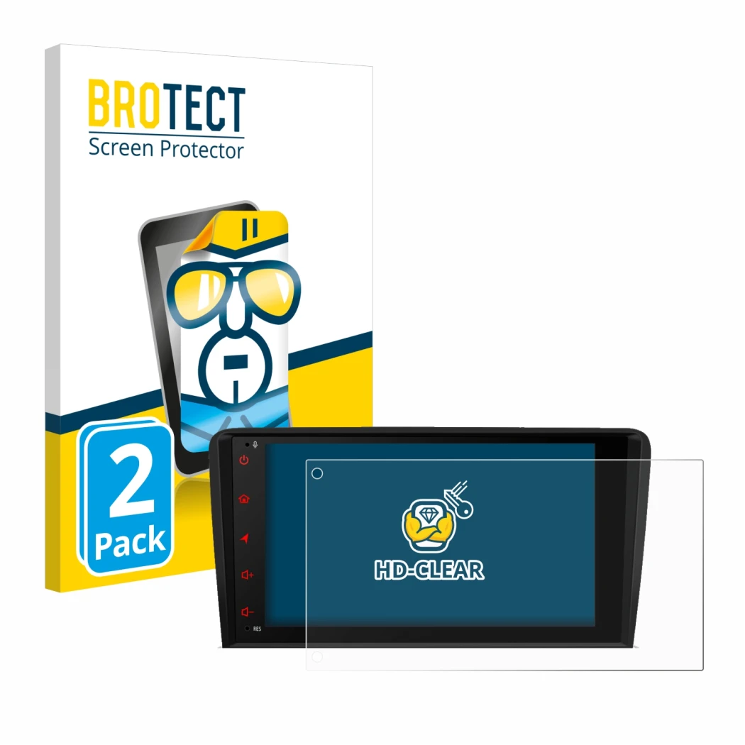Parte frontal de un envase de producto con el logotipo de la marca BROTECT. Al lado se muestra el dispositivo Xtrons PSA80A3AL