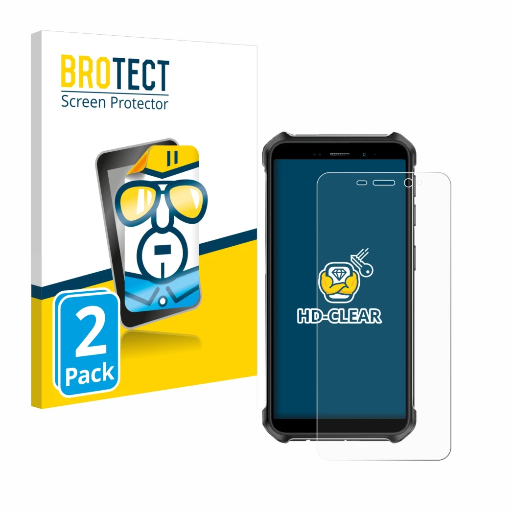 Parte frontal de un envase de producto con el logotipo de la marca BROTECT. Al lado se muestra el dispositivo Ulefone Armor X1