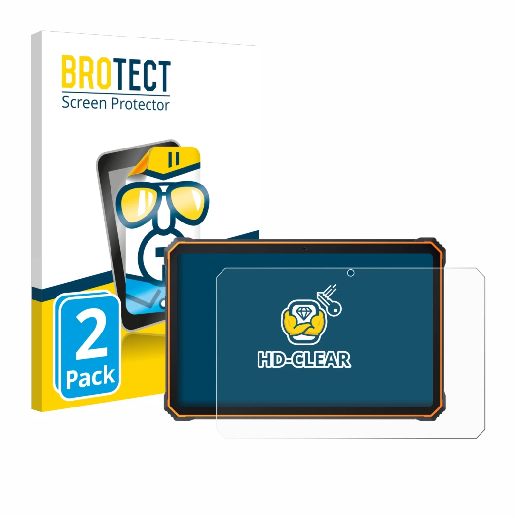 Parte frontal de un envase de producto con el logotipo de la marca BROTECT. Al lado se muestra el dispositivo Blackview Active