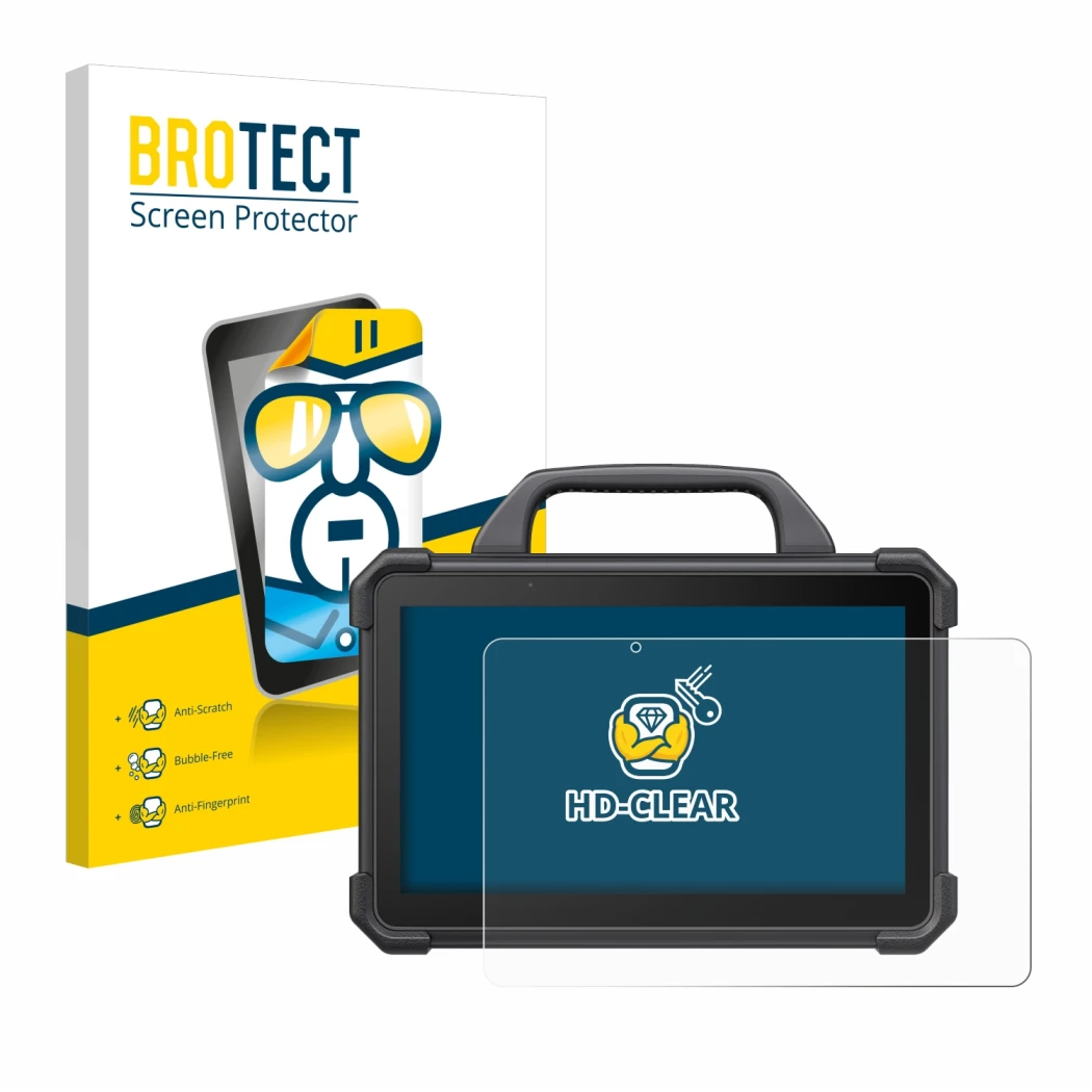 Parte frontal de un envase de producto con el logotipo de la marca BROTECT. Al lado se muestra el dispositivo Launch X-431 Tab