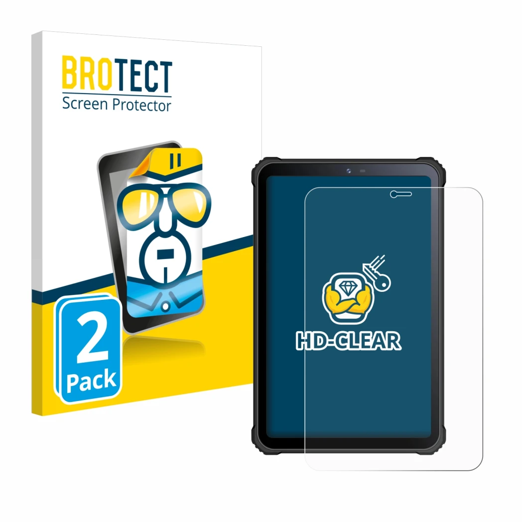 Parte frontal de un envase de producto con el logotipo de la marca BROTECT. Al lado se muestra el dispositivo Oukitel RT3 con
