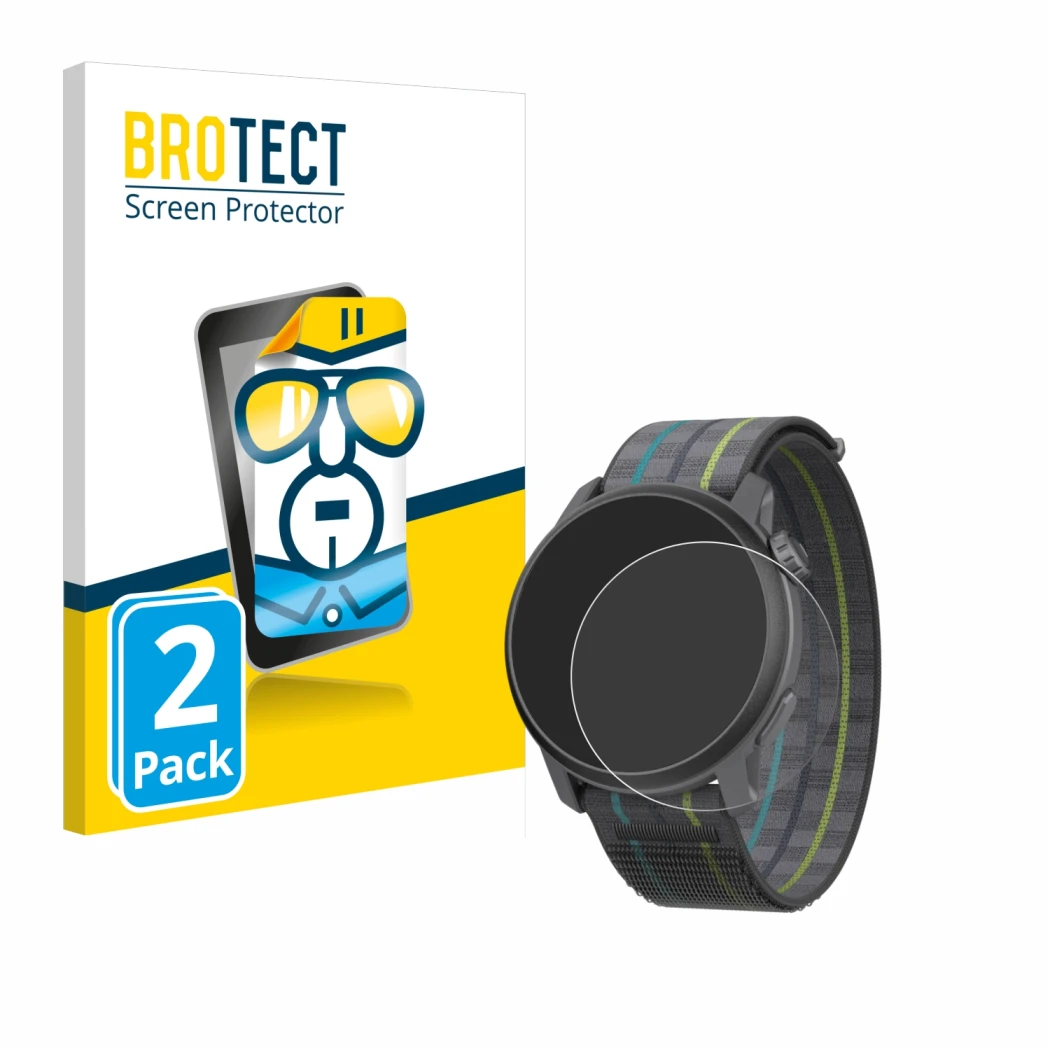 Parte frontal de un envase de producto con el logotipo de la marca BROTECT. Al lado se muestra el dispositivo Coros Pace 3 con