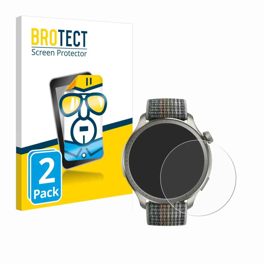 Parte frontal de un envase de producto con el logotipo de la marca BROTECT. Al lado se muestra el dispositivo Huami Amazfit Ba