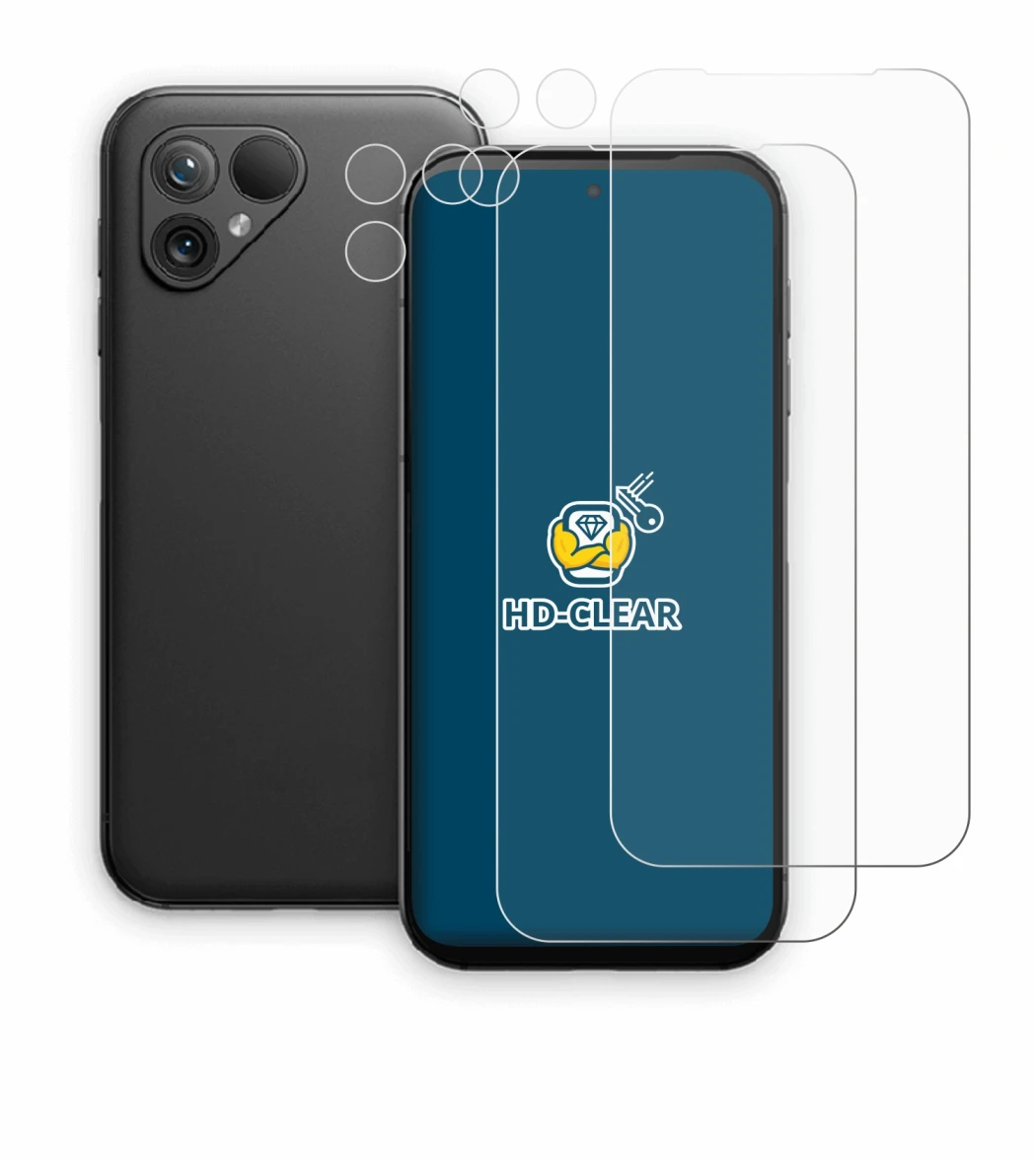 Imagen del dispositivo Fairphone 5 (Frontal+Cámara) con una amplia variedad de protectores de pantalla.