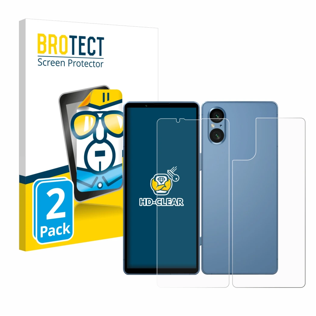 Parte frontal de un envase de producto con el logotipo de la marca BROTECT. Al lado se muestra el dispositivo Sony Xperia 5 V 